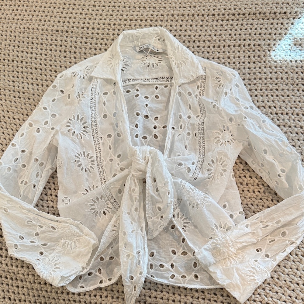 Zara White Eyelet Tie-Front Blouse